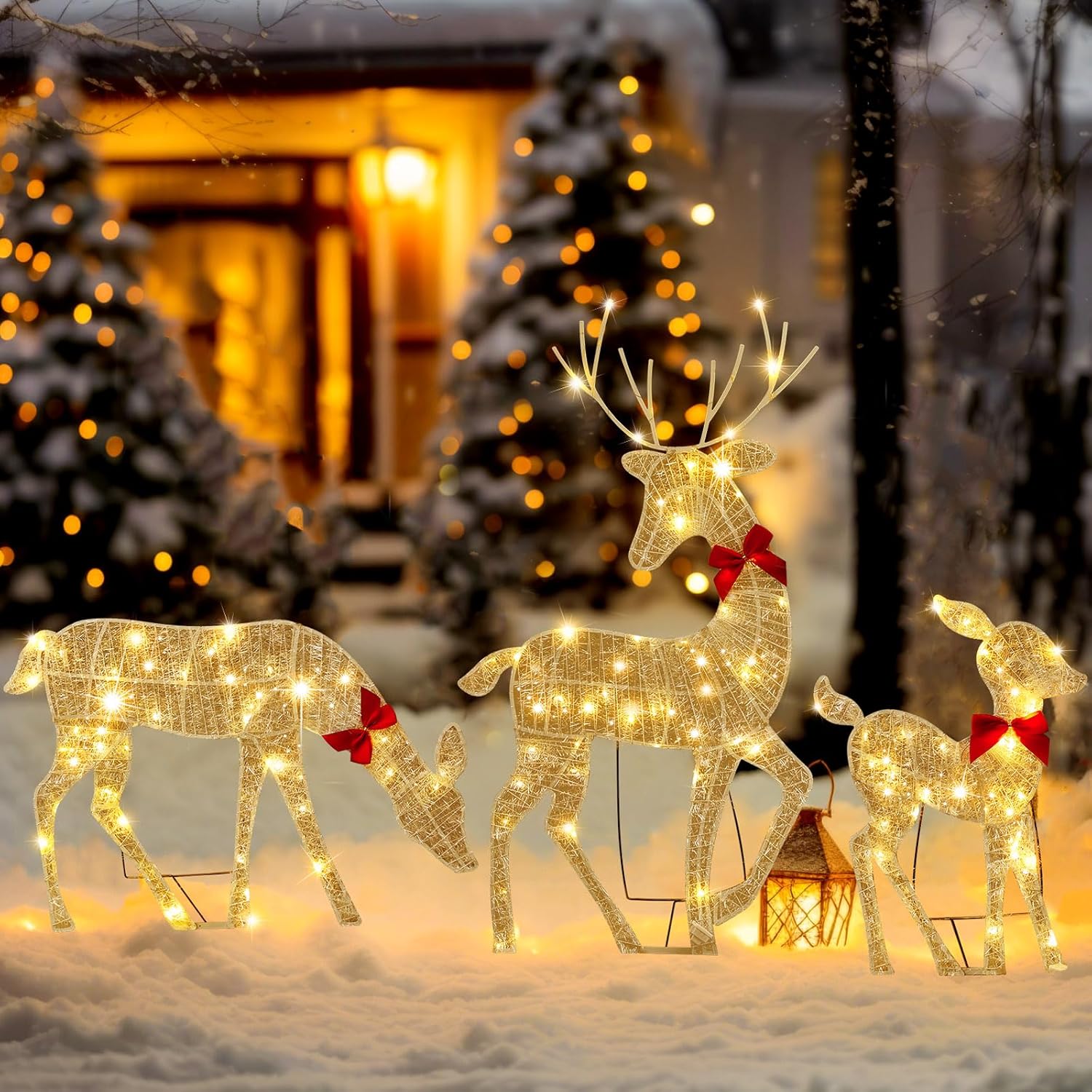 Outdoor Lighting For Christmas - 2D Lighted Reindeer Christmas Decoration, 3pcs